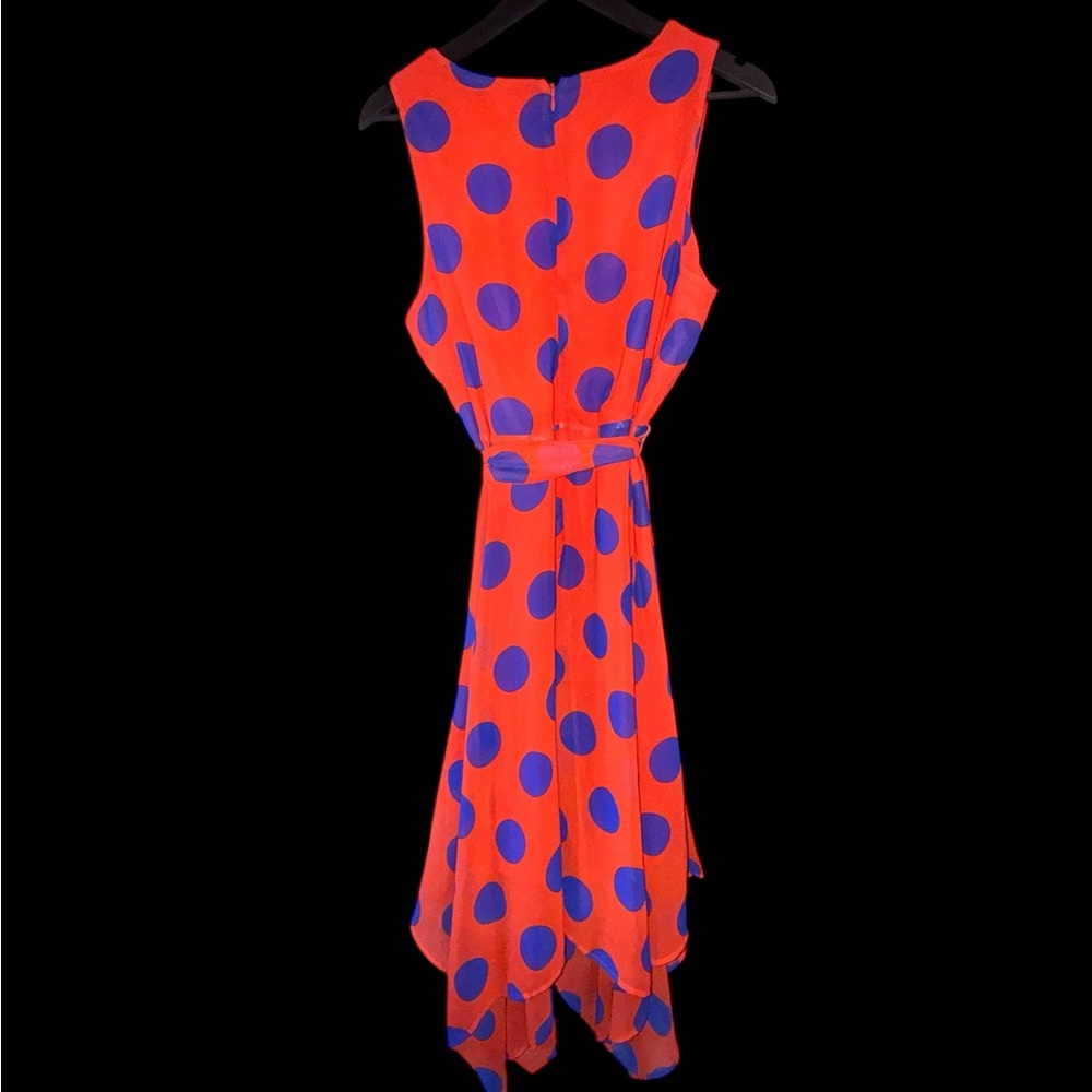 Chic Asymmetrical Red and Blue Polka Dot Dress - Picture 2 of 5